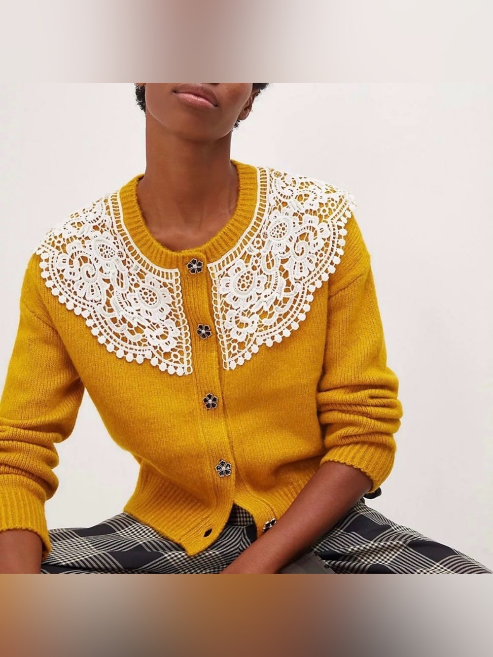 Anthropologie Maeve Lace Collar Cardigan Sweater In Mustard Yellow Size XS